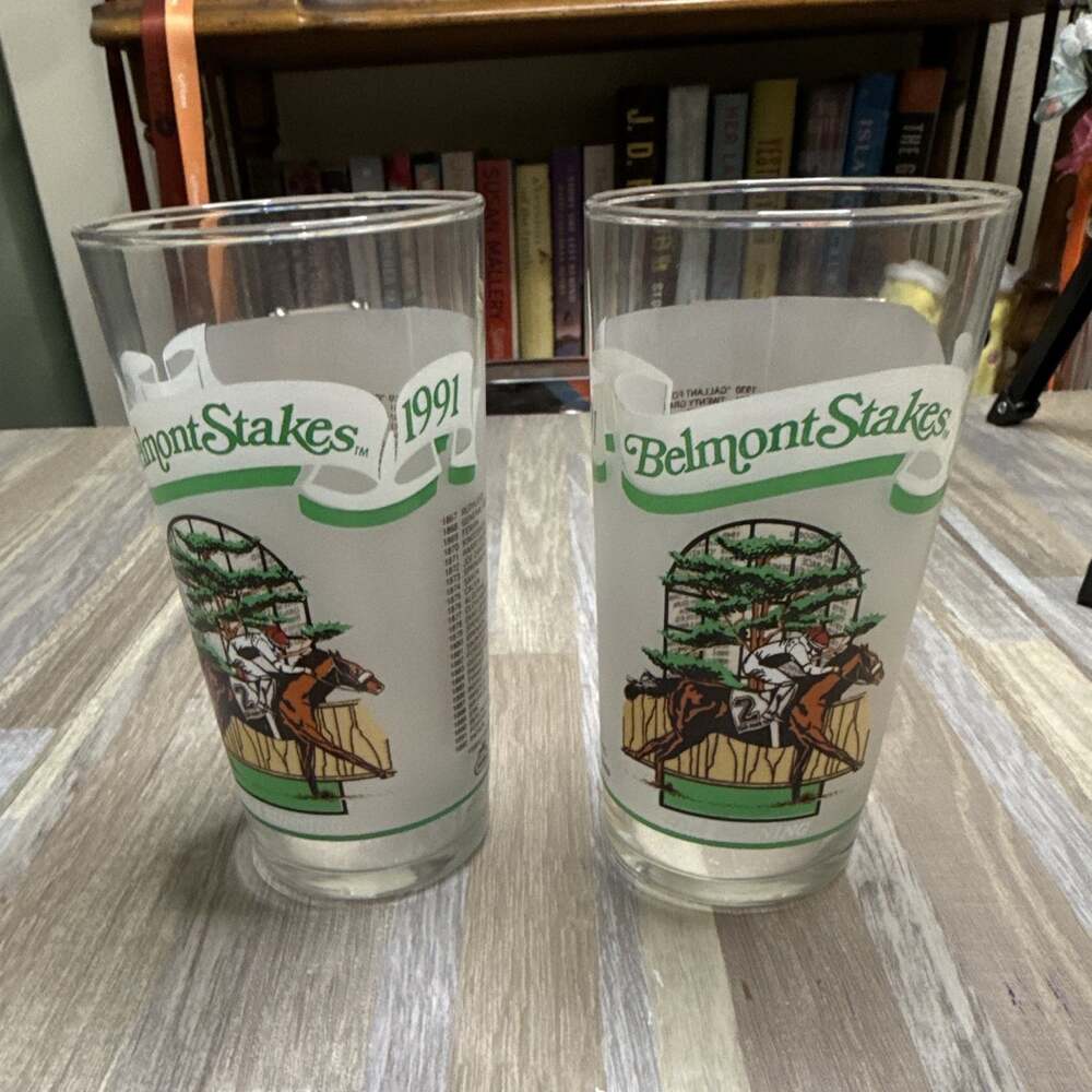 Set of 2 1991 Belmont Stakes Mint Julep Glasses Horse Racing Vintage Souvenir